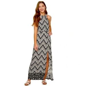 Three Pink Hearts long slinky sleeveless maxi dress XL high neck black white